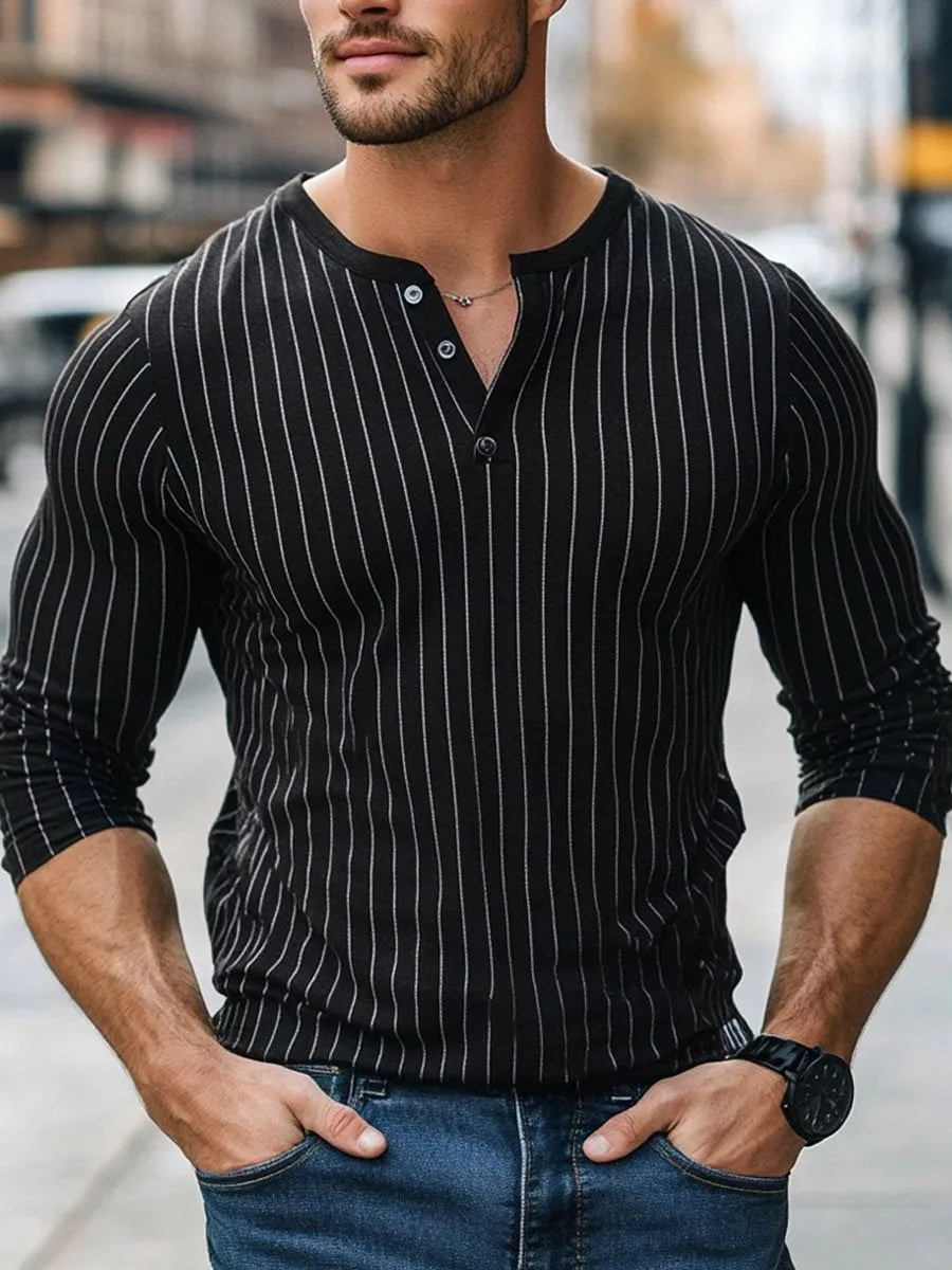 Men's Contrast Color Vertical Stripe Casual Henley Neck Long Sleeve T-Shirt