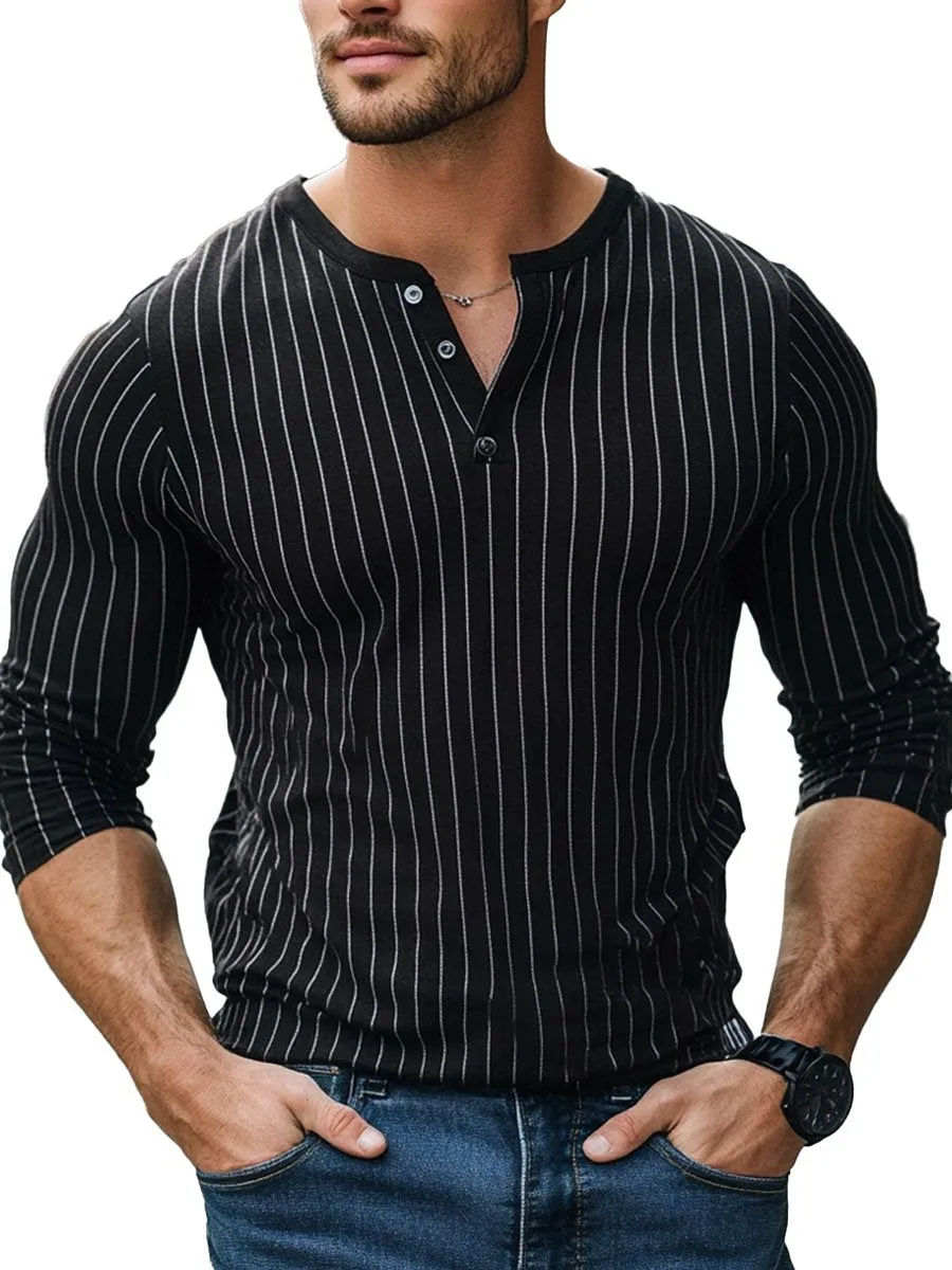 Men's Contrast Color Vertical Stripe Casual Henley Neck Long Sleeve T-Shirt