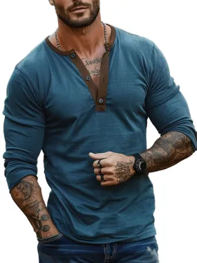 Men's Contrast Henley Neck Long Sleeve T-Shirt