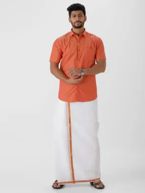 Mens Cotton Copper Colour Half Sleeves Shirt & Double Dhoti with Copper Jari Combo