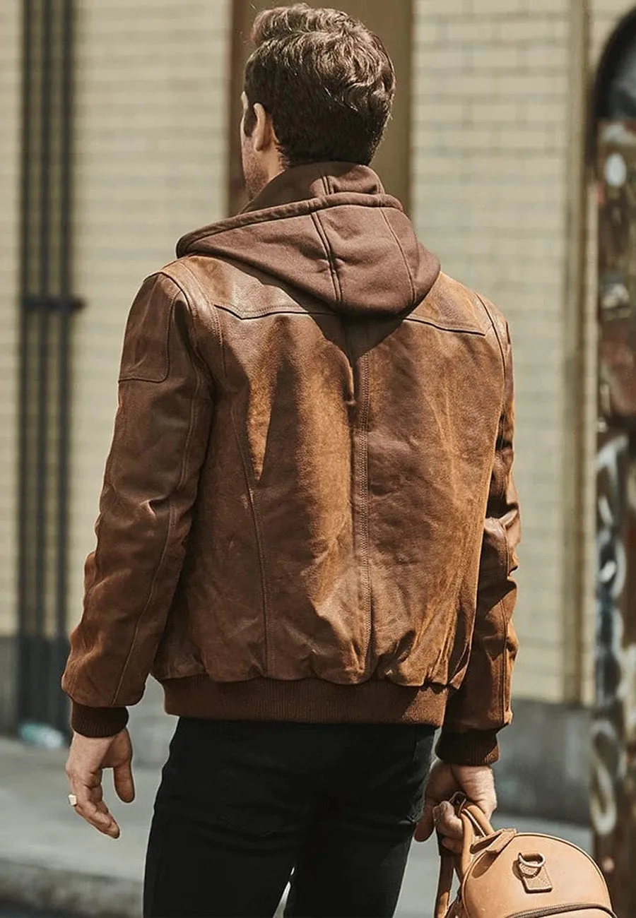 Men's Crunch Brown Leather Bomber Jacket Removable Hood