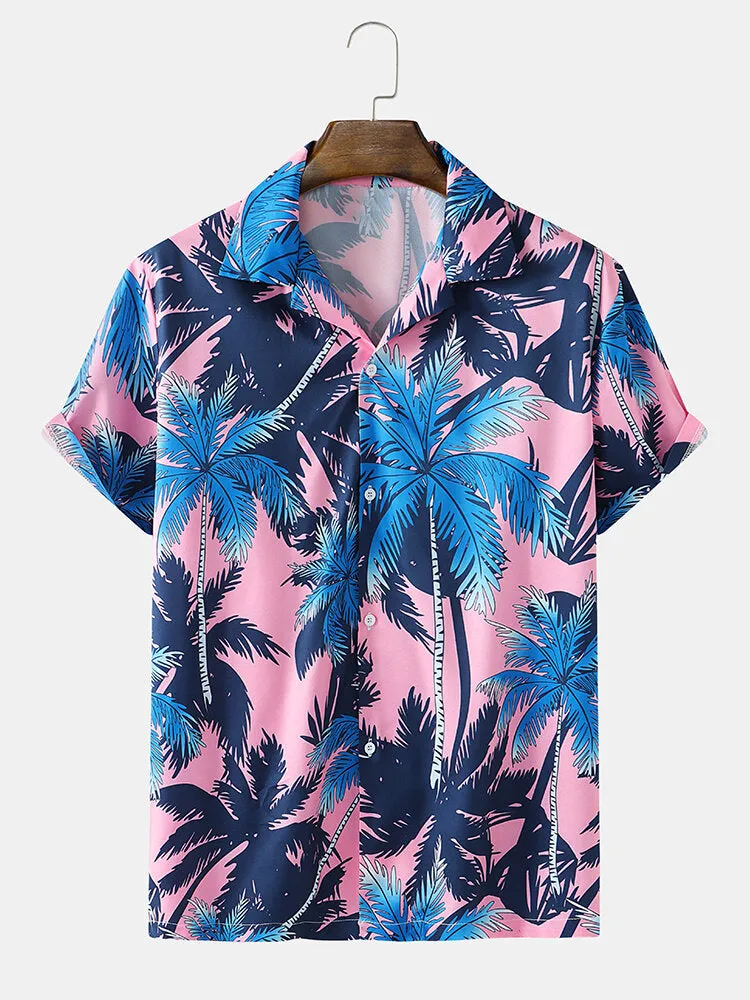 Men's Holiday Coconut Tree Print Short Sleeve Shirt Hawaiian Beach Simple Cardigan