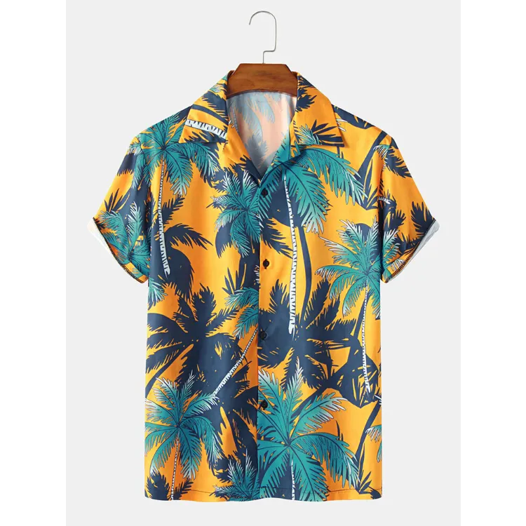 Men's Holiday Coconut Tree Print Short Sleeve Shirt Hawaiian Beach Simple Cardigan