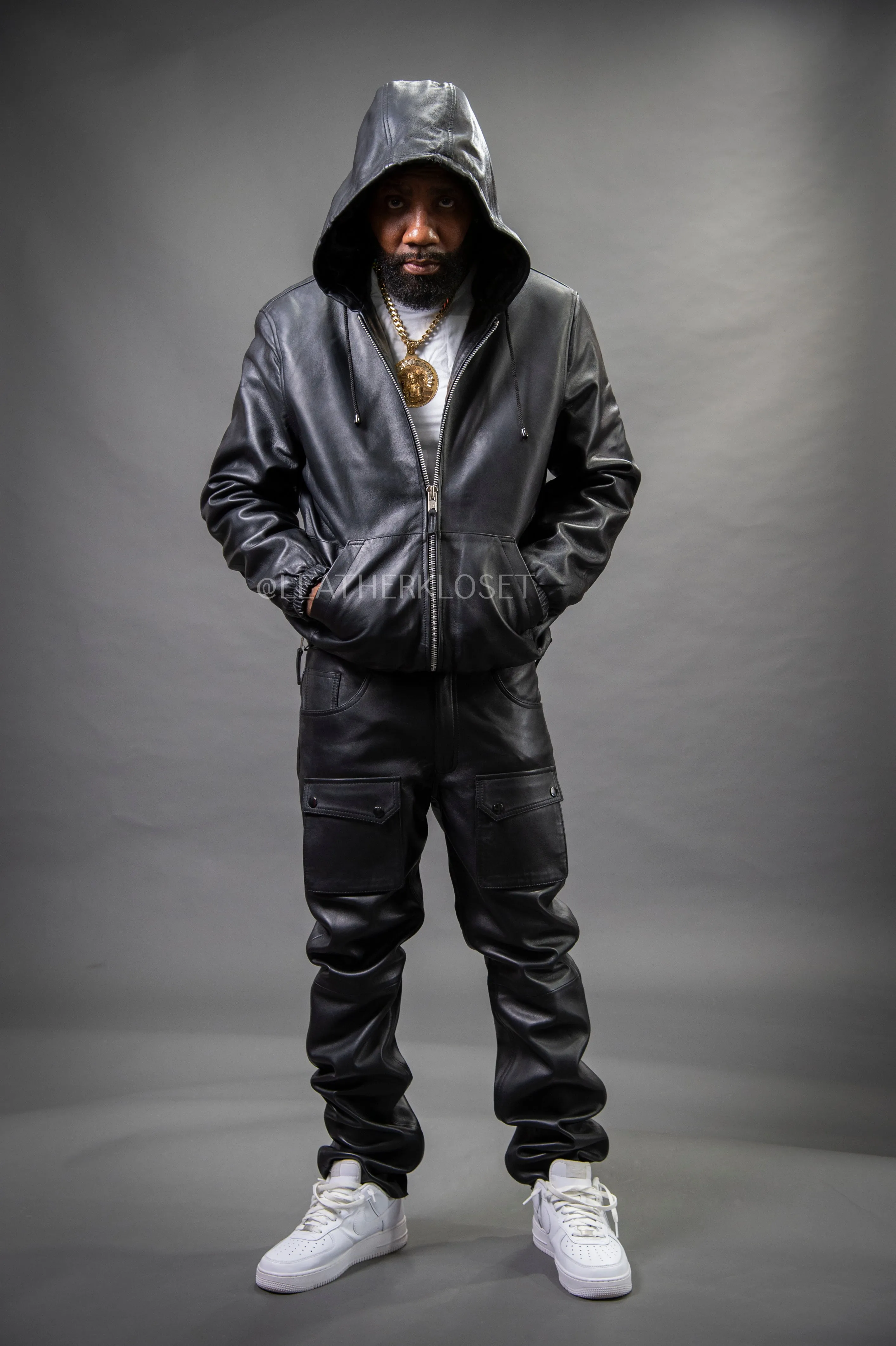 Men's Leather Hoodie And Cargo Pants Set [Black]