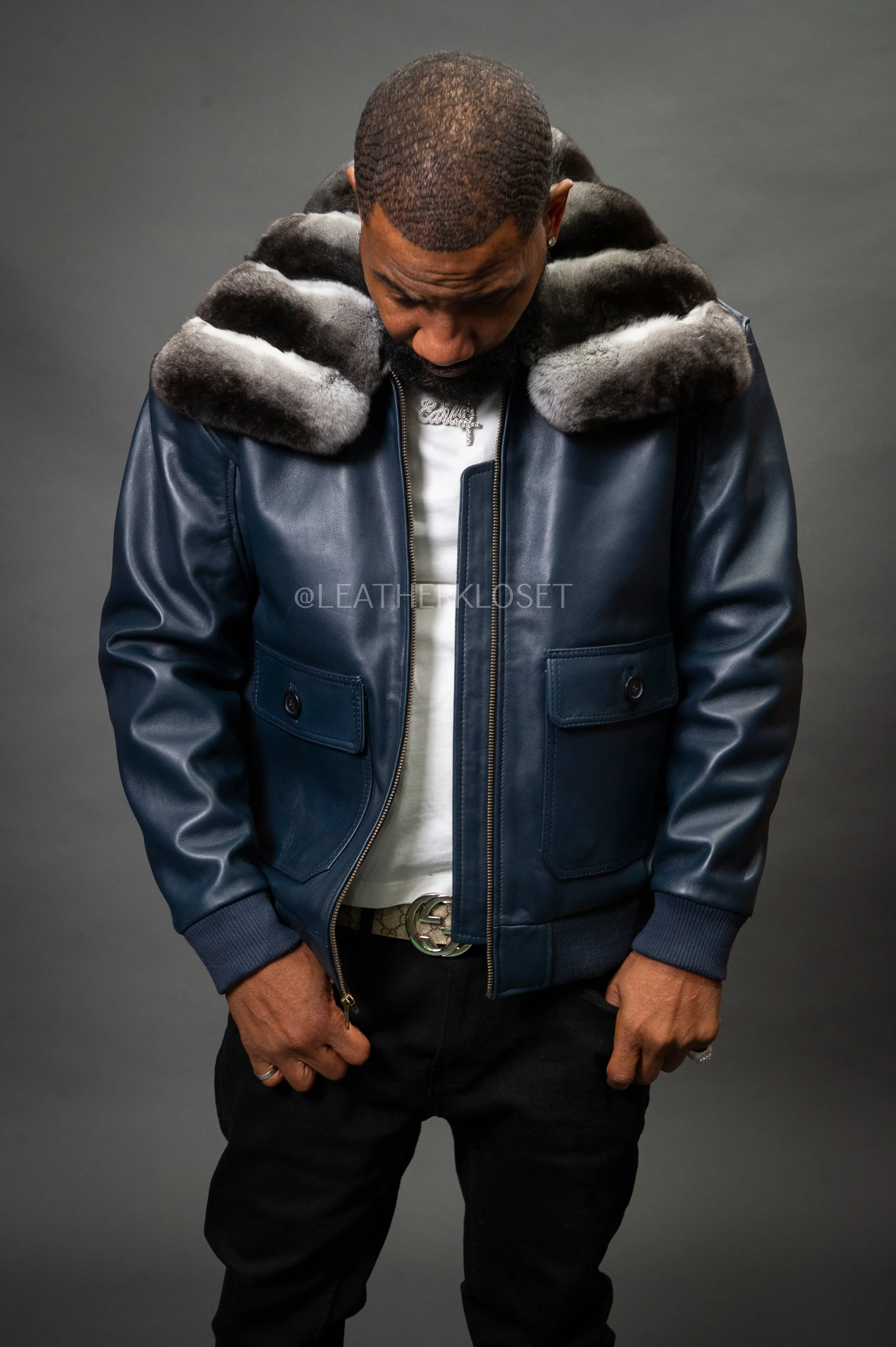 Men's Leather Pilot Aviator Bomber Jacket With Chinchilla Collar [Navy]