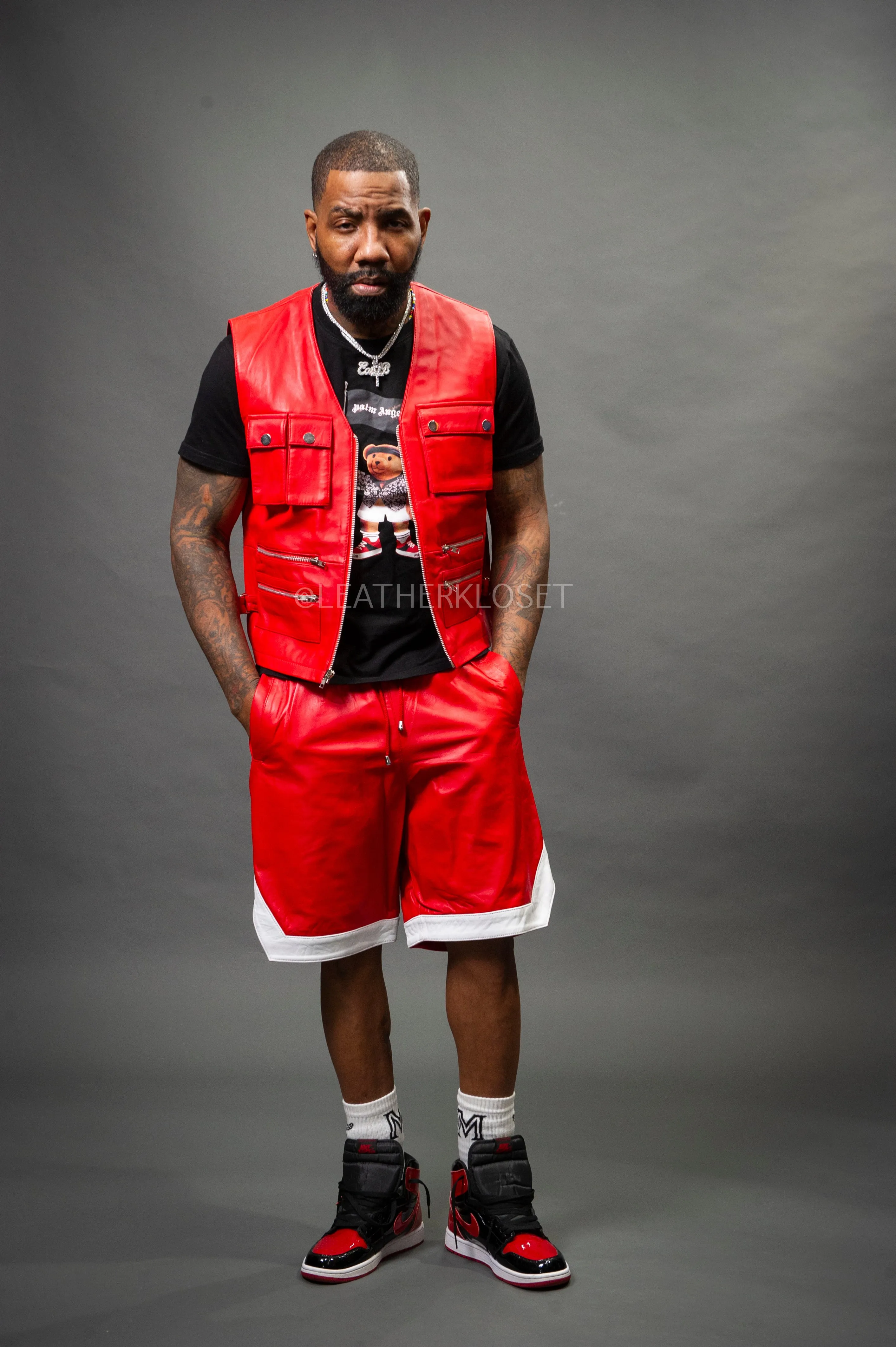 Men's Leather Tactical Vest With Leather Basketball Shorts [Red/White]