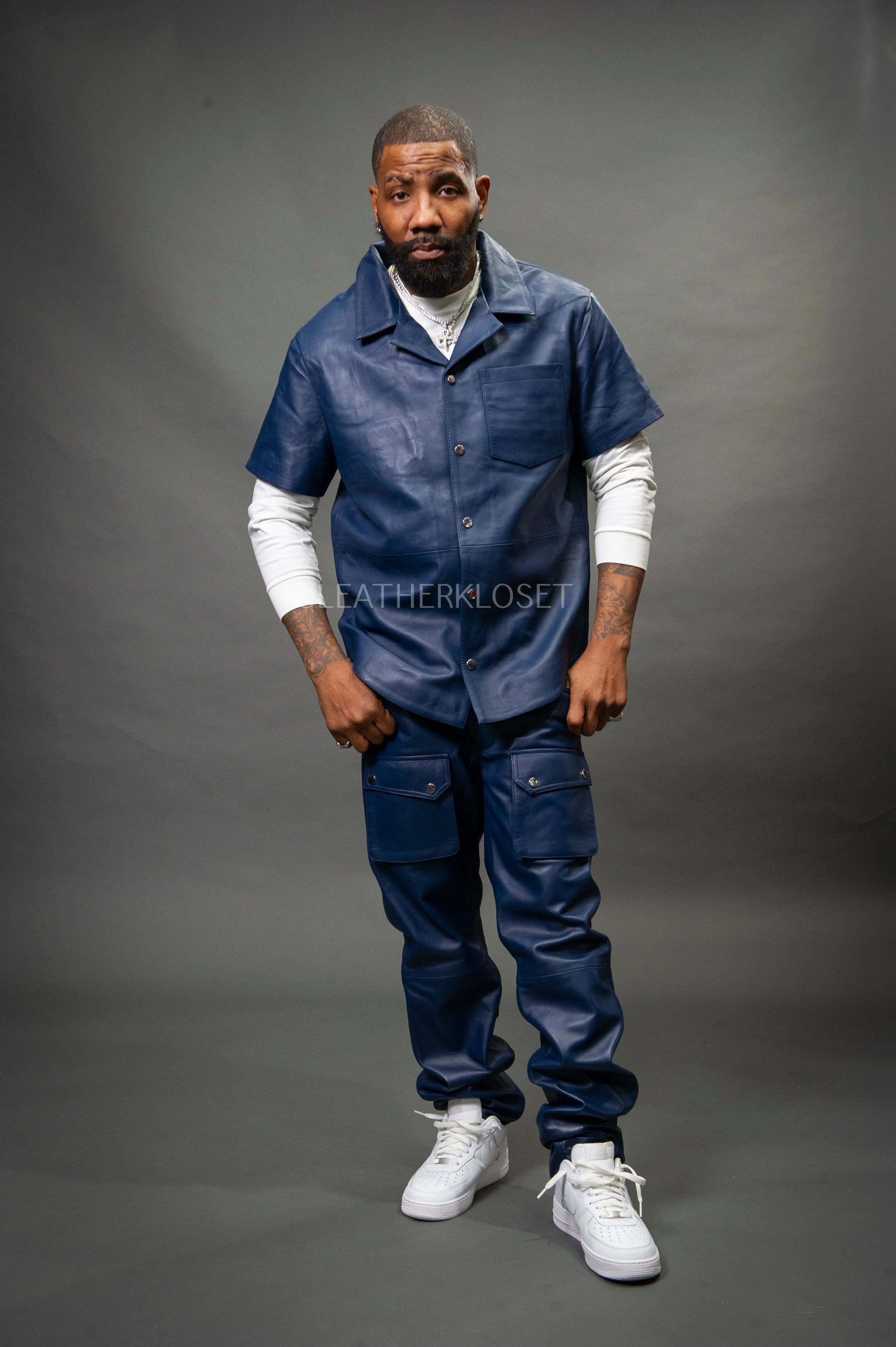 Men's Luka Leather Short Sleeve Shirt And Cargo Pants Set [Navy]