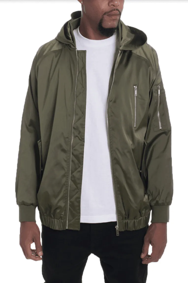 Mens Olive Green Satin Hoodie Bomber Jacket