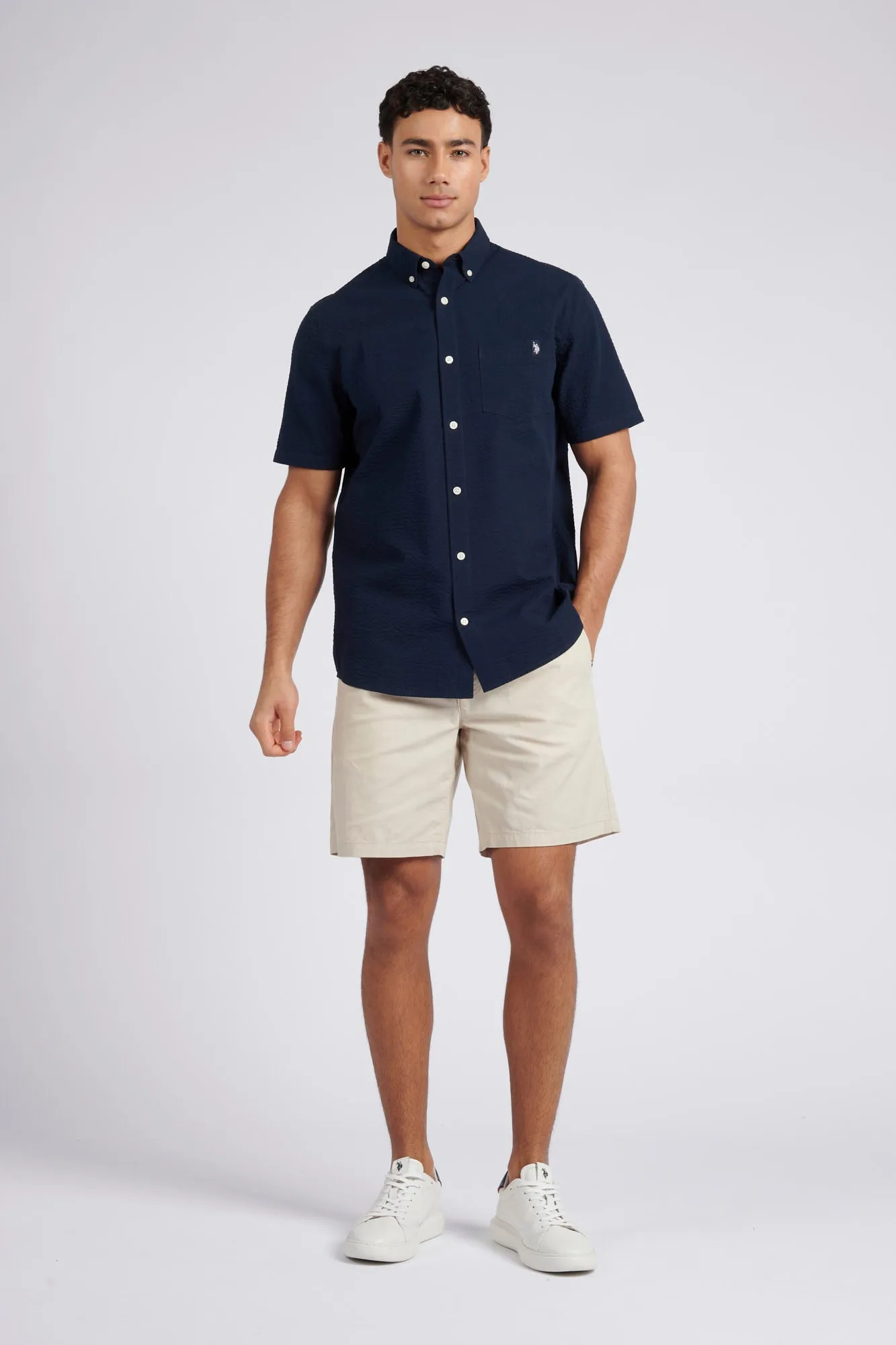 Mens Seersucker Short Sleeve Shirt in Dark Sapphire Navy