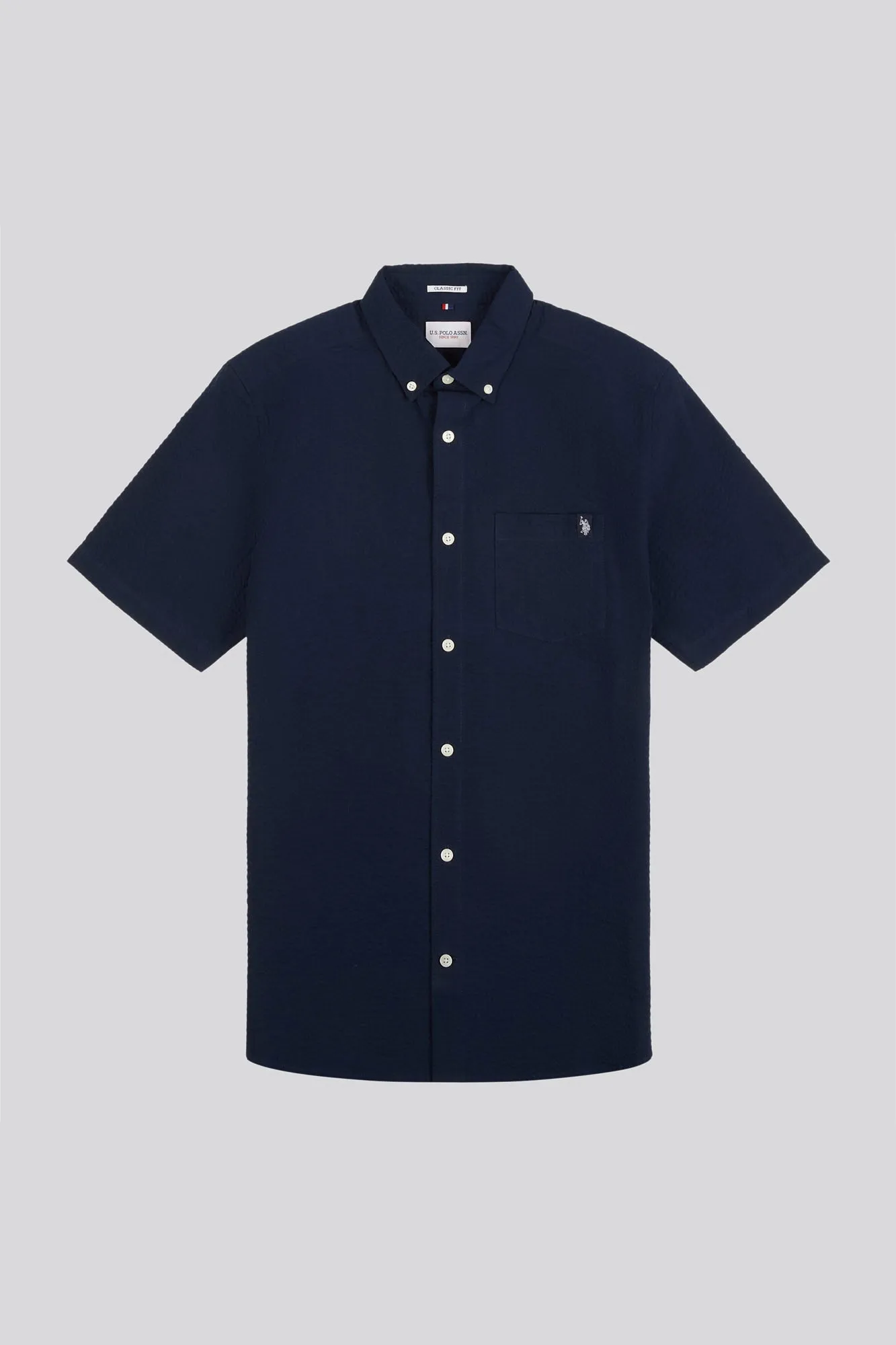 Mens Seersucker Short Sleeve Shirt in Dark Sapphire Navy