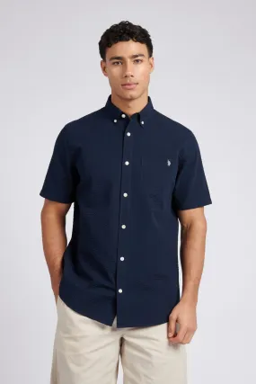 Mens Seersucker Short Sleeve Shirt in Dark Sapphire Navy