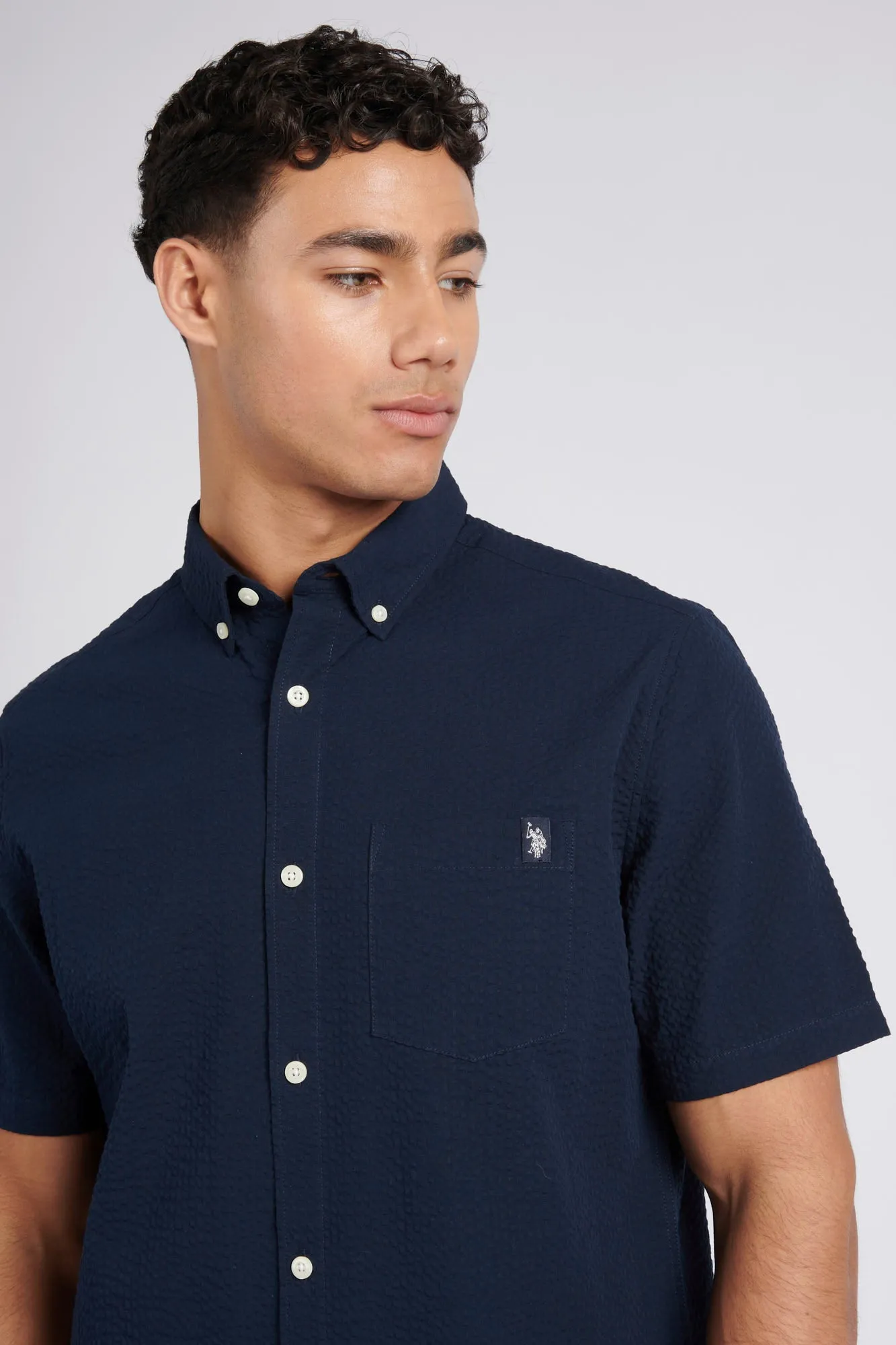 Mens Seersucker Short Sleeve Shirt in Dark Sapphire Navy