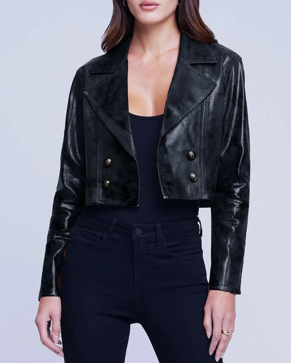 Noir Coated Laverne Cropped Biker Jacket