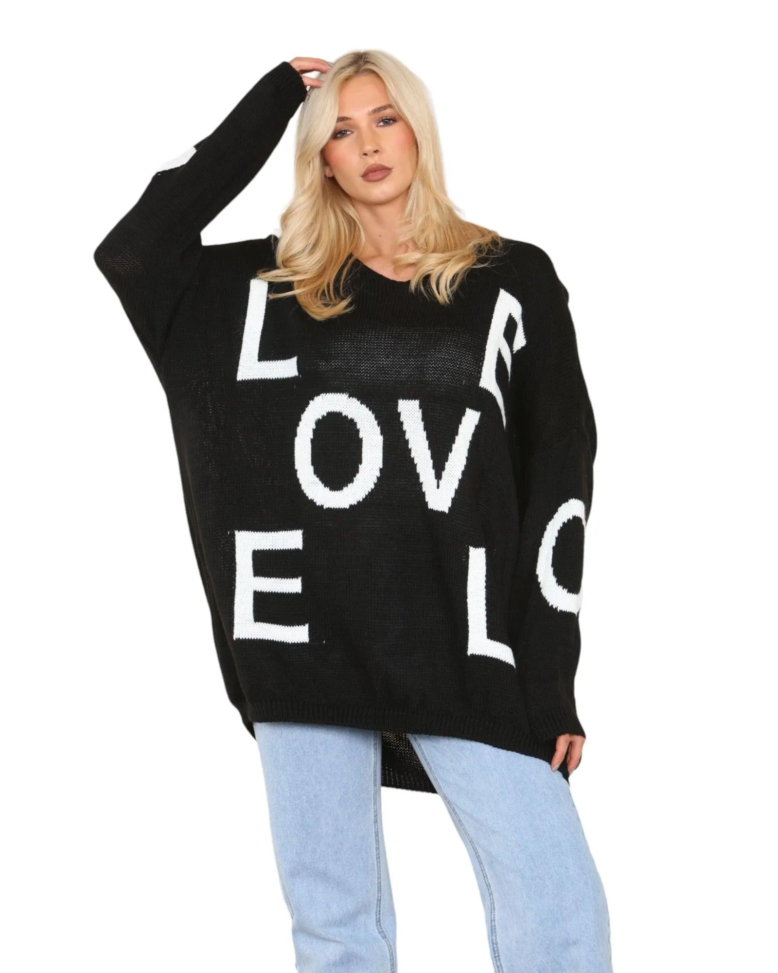 Oversized Love Print Long Sleeve  Knitted Jumper Top