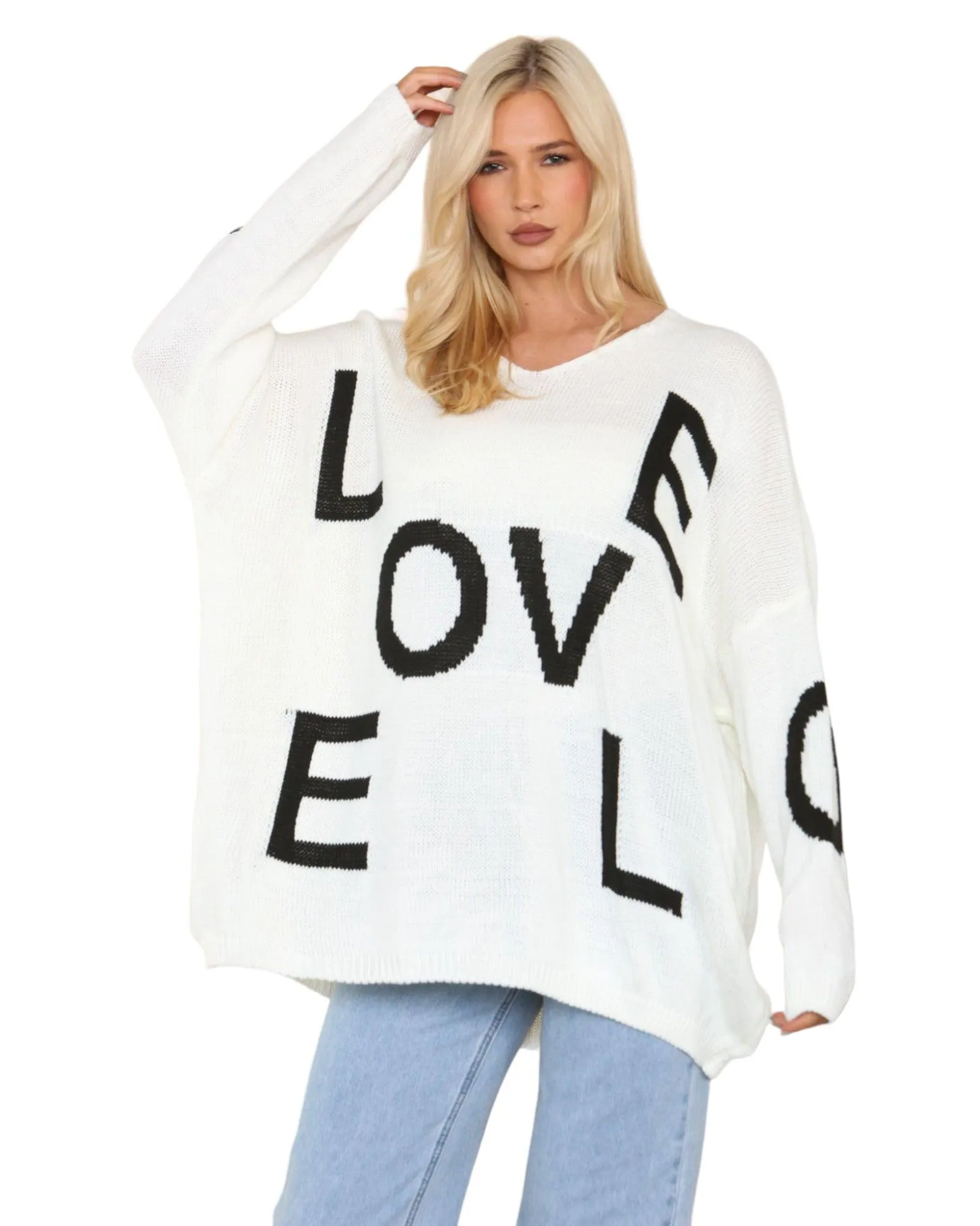 Oversized Love Print Long Sleeve  Knitted Jumper Top