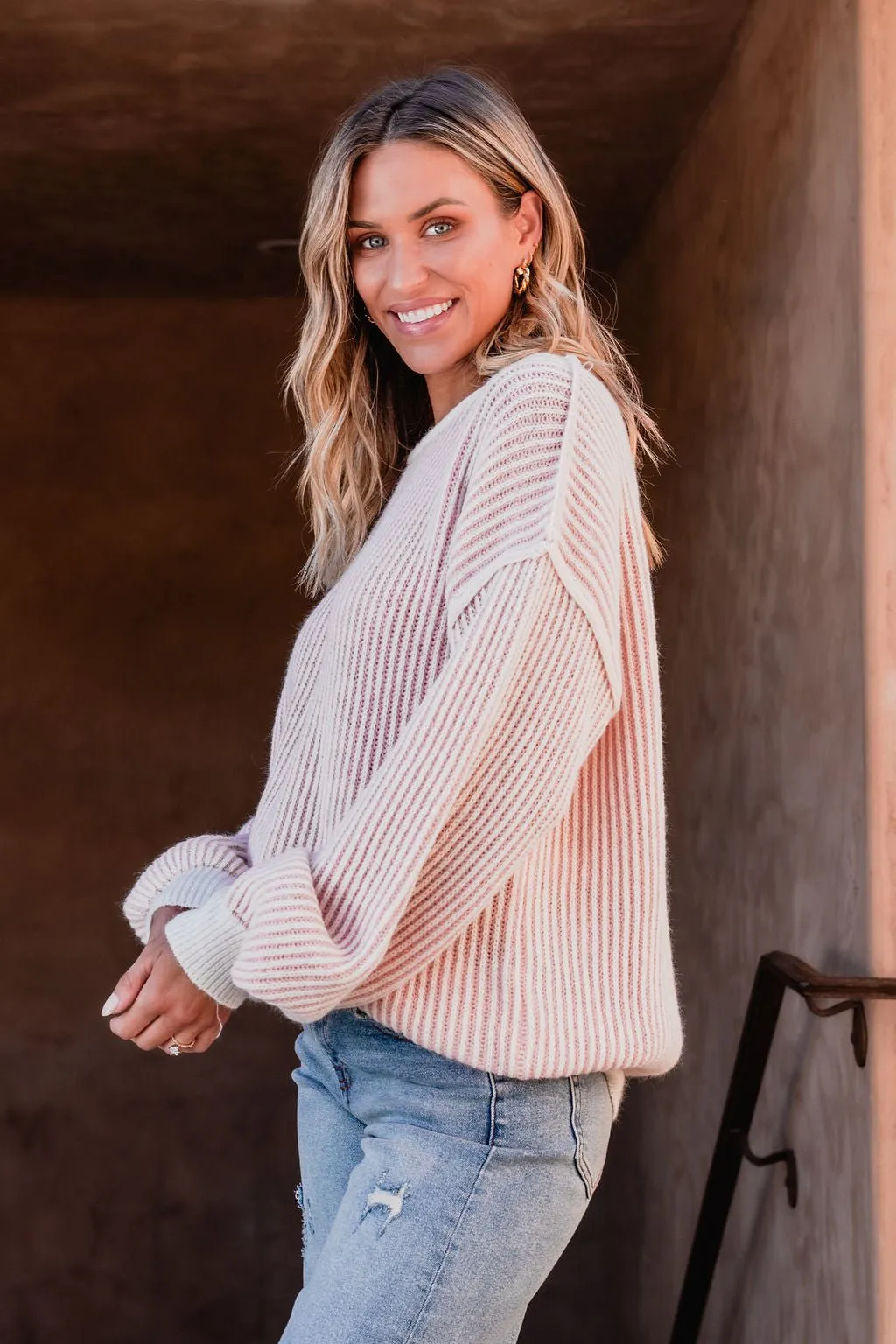 Pink Striped Seam Detail Sweater