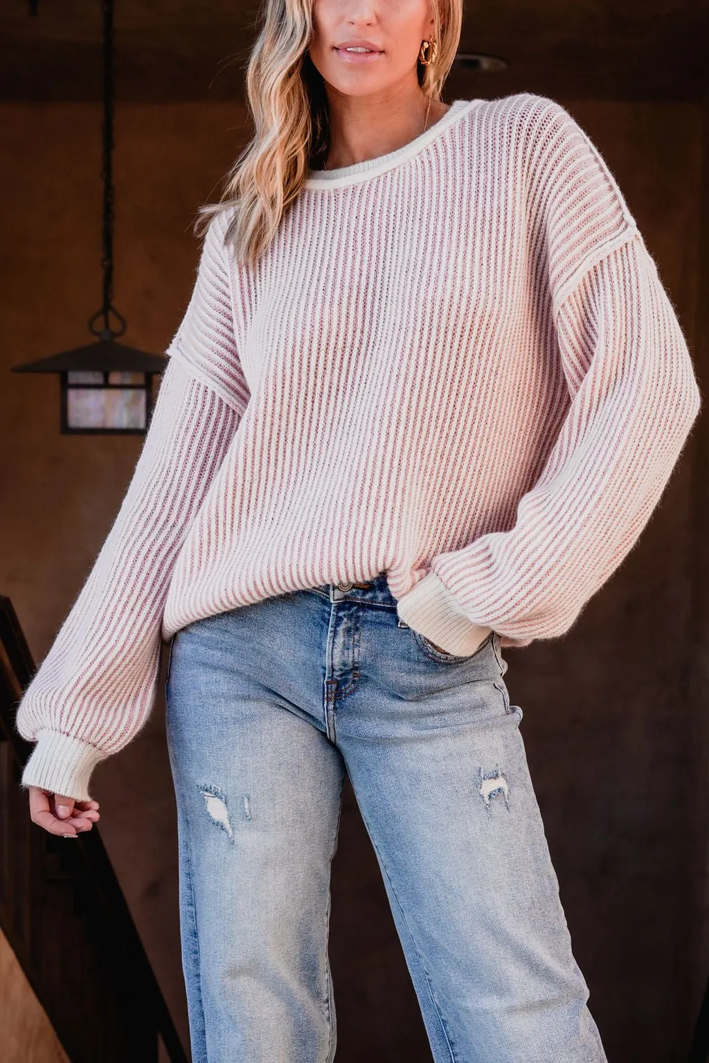 Pink Striped Seam Detail Sweater