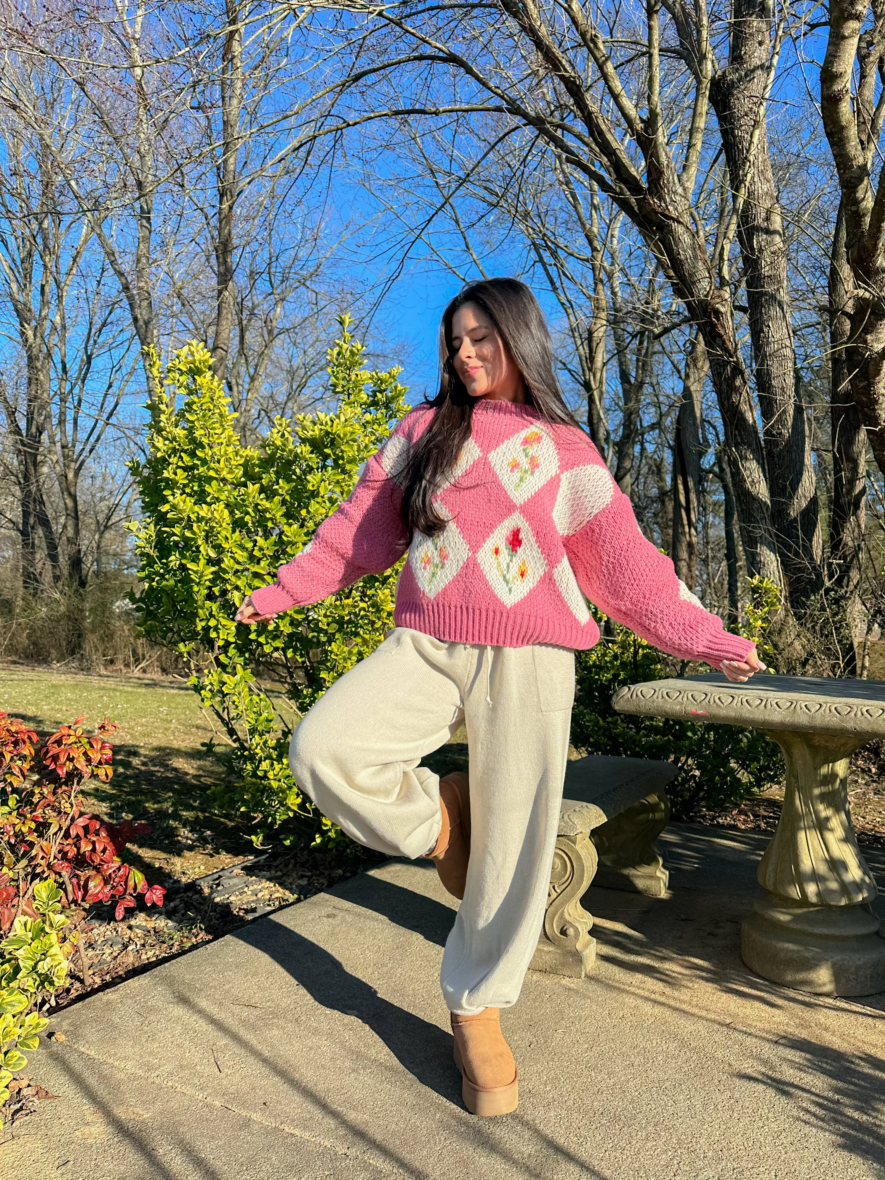 Pink Vintage Flower Knit Sweater