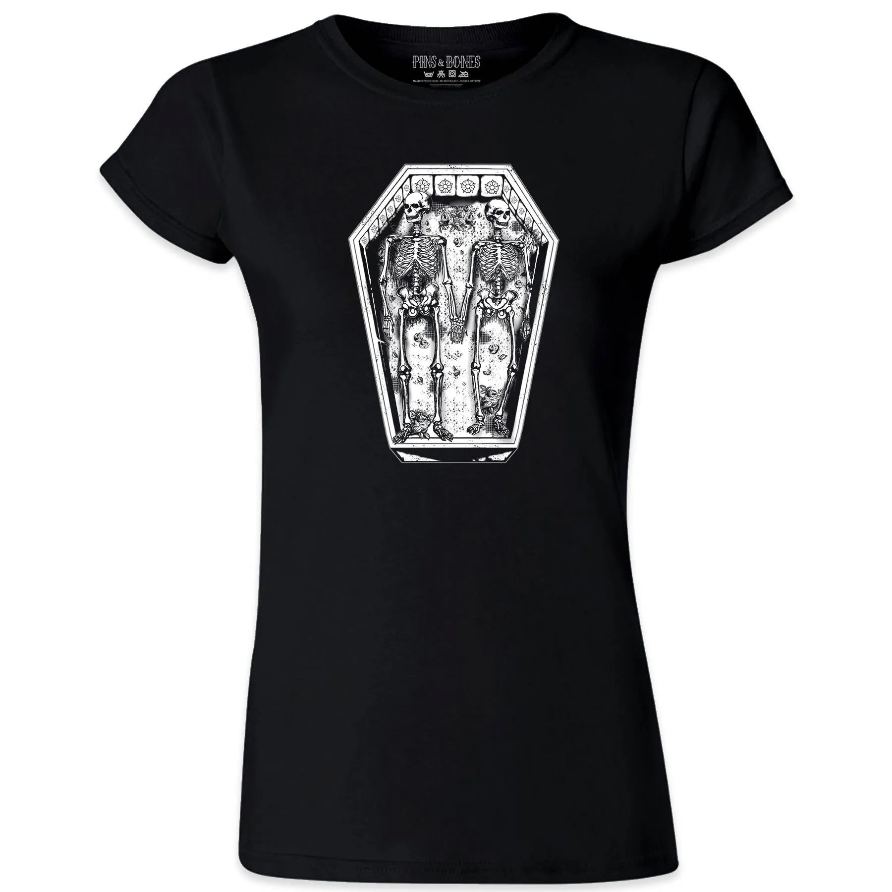 Pins & Bones Womens Dia De Los Muertos Shirt, Skeletons in Love Coffin Shirt