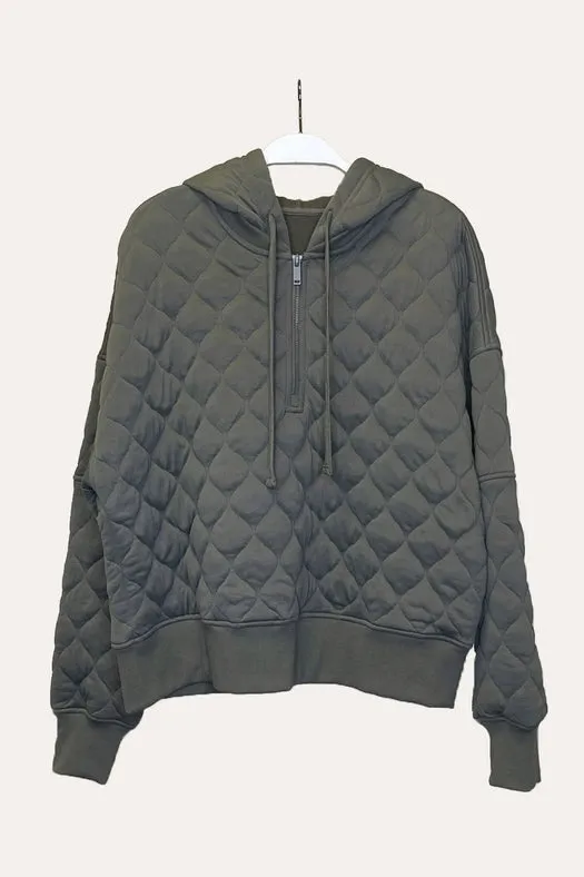 Quilted Quarter Zip Hoodie Jacket Army Green