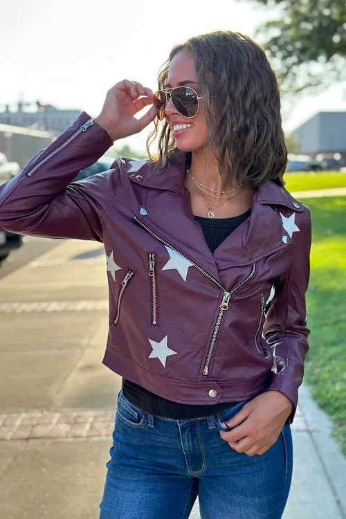 Ruth - Star Patch Moto Jacket Vegan Leather - Burgundy