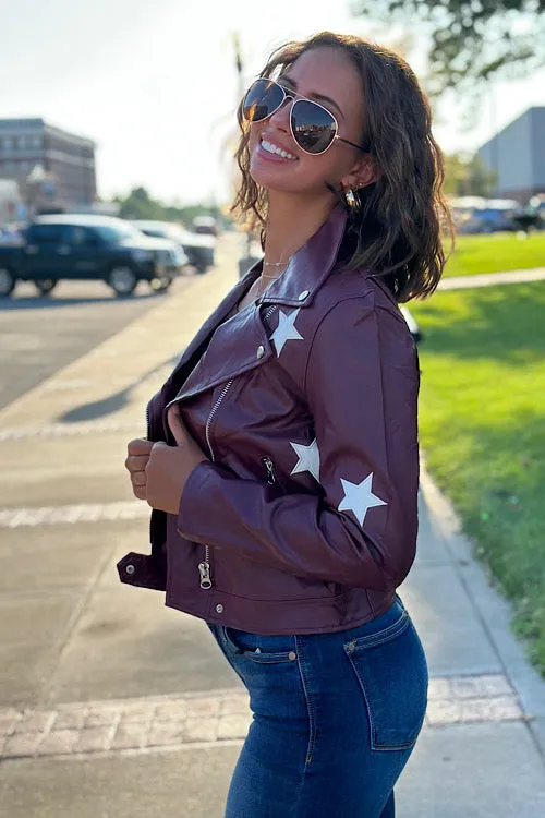 Ruth - Star Patch Moto Jacket Vegan Leather - Burgundy