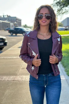 Ruth - Star Patch Moto Jacket Vegan Leather - Burgundy