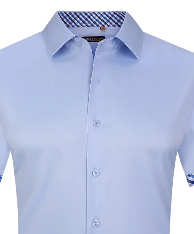 Sky blue men's short sleeves shirt fancy cuff on the sleeves by suslo couture