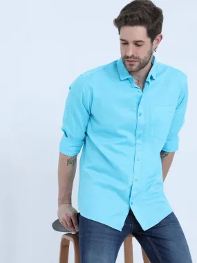 Sky Blue Solid Cotton Full Sleeve Shirt