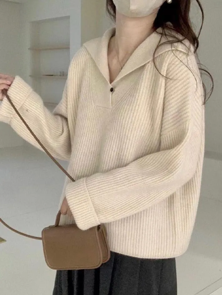 Solid Color Lapel Neck Baggy Sweater