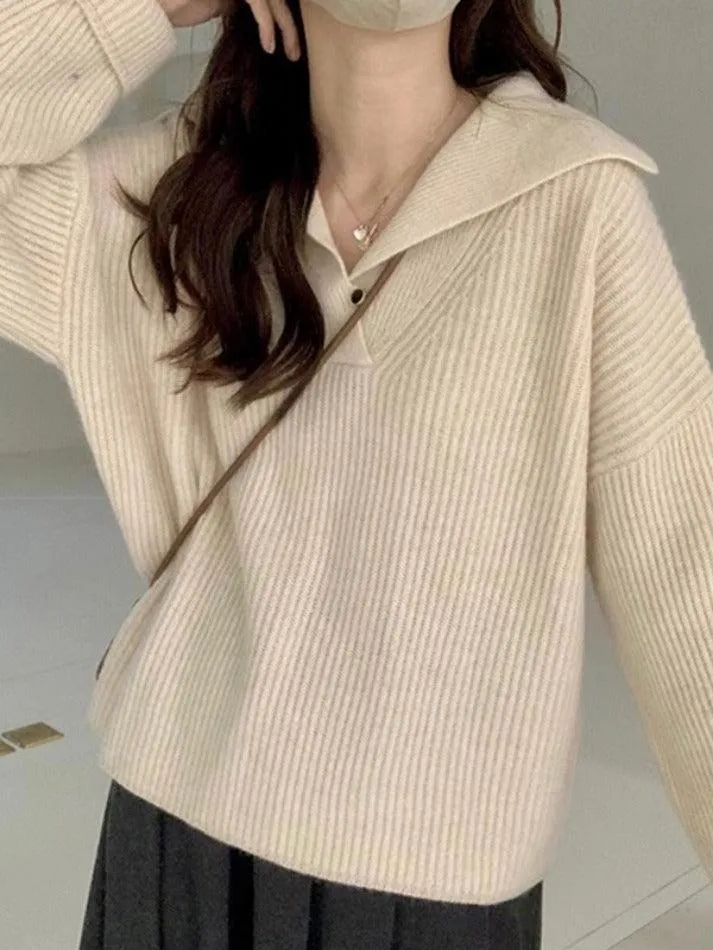 Solid Color Lapel Neck Baggy Sweater