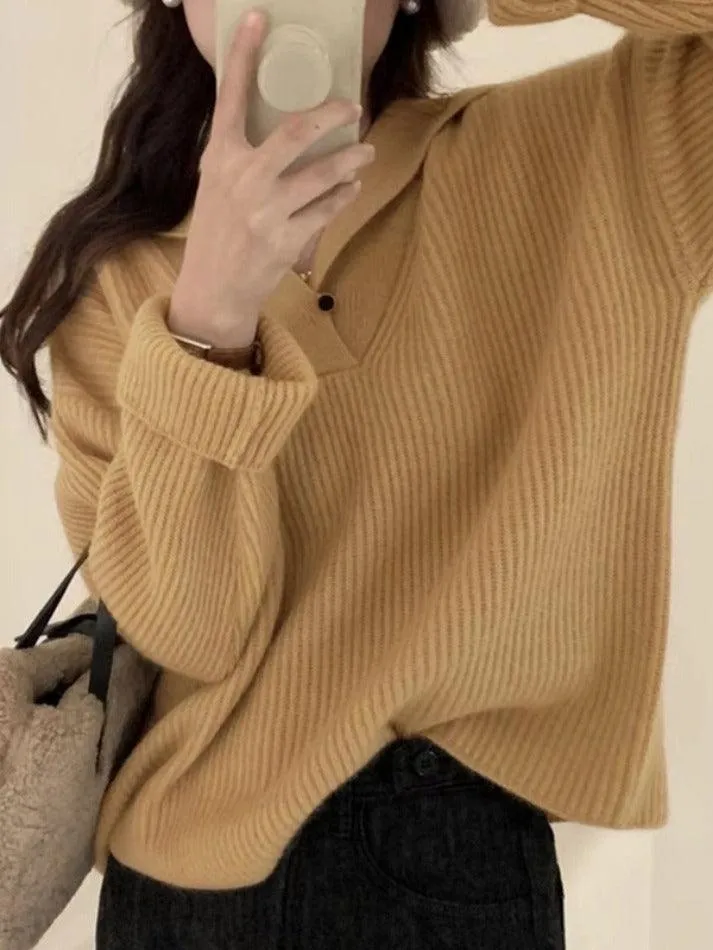 Solid Color Lapel Neck Baggy Sweater