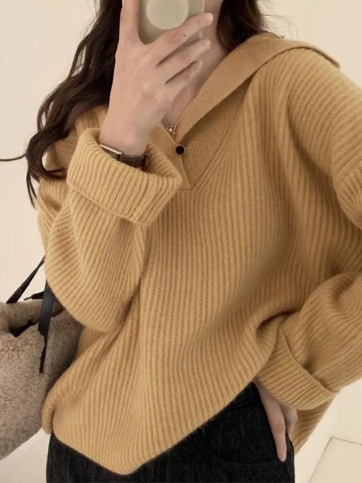 Solid Color Lapel Neck Baggy Sweater