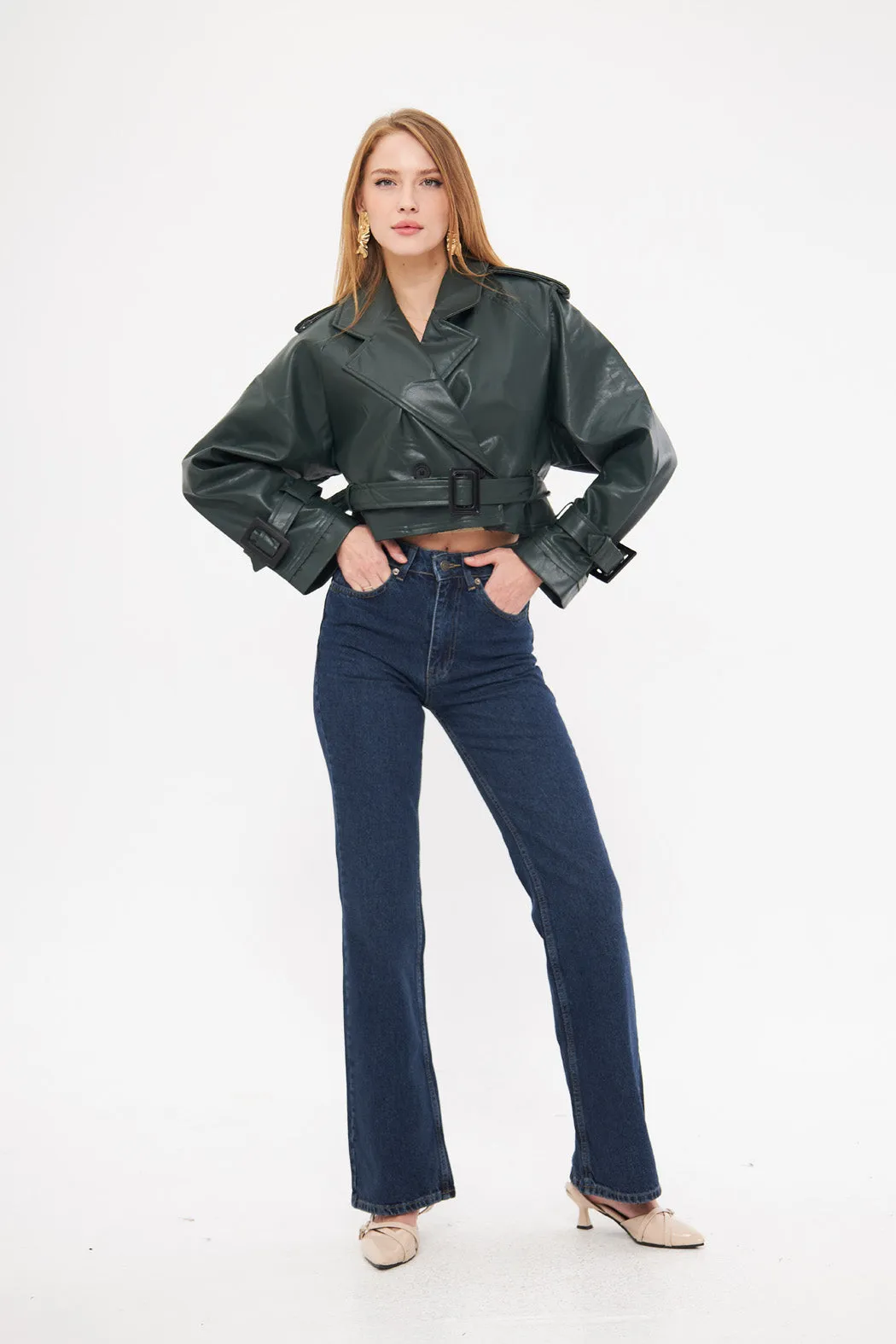 Solid Leather Cropped Jacket with Belt