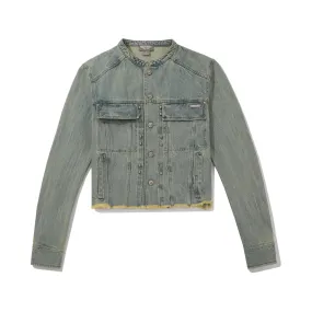 Studs Distressed Denim Jacket - Blue