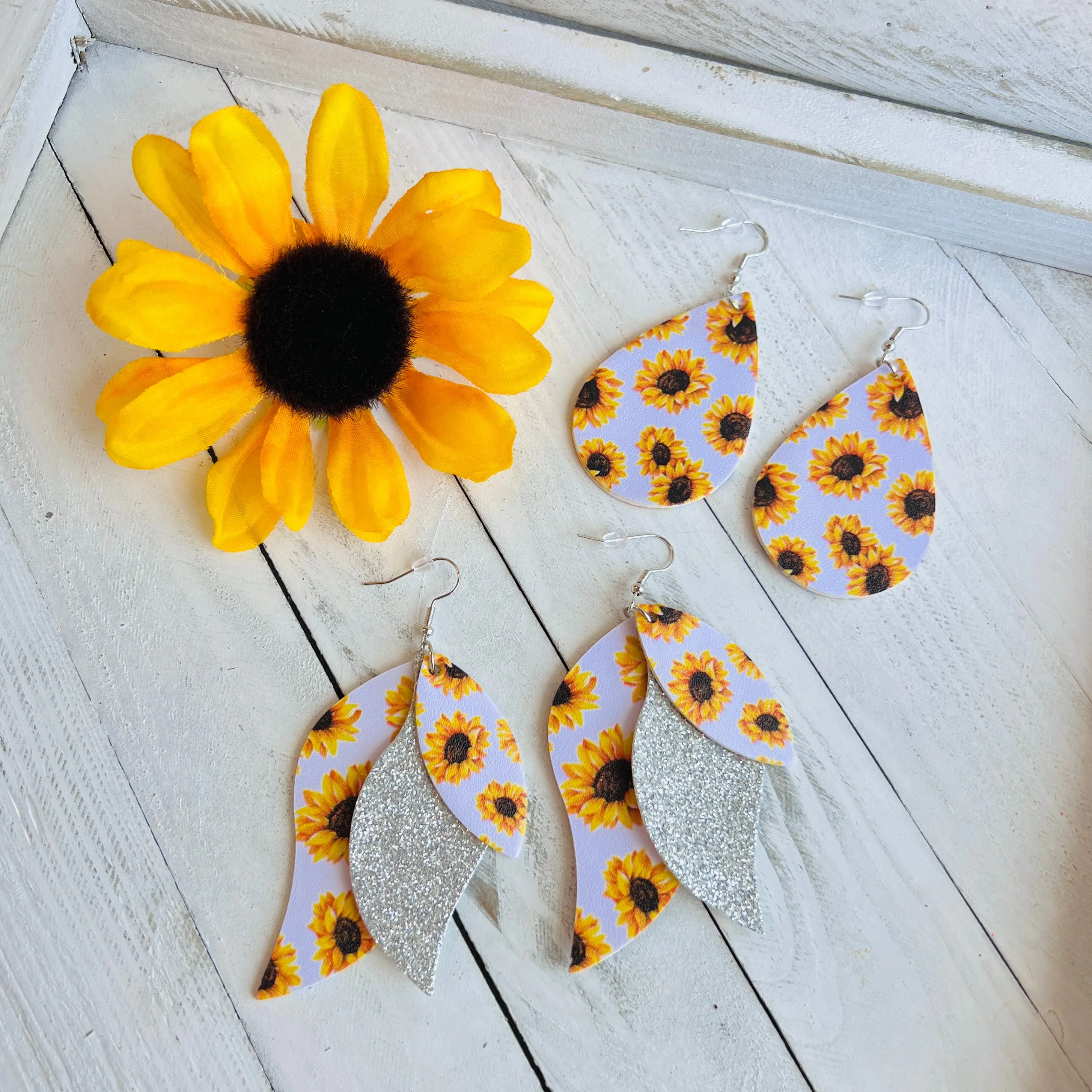 Sunflower White Background Faux Leather Teardrop Ear Bling Two Styles Available