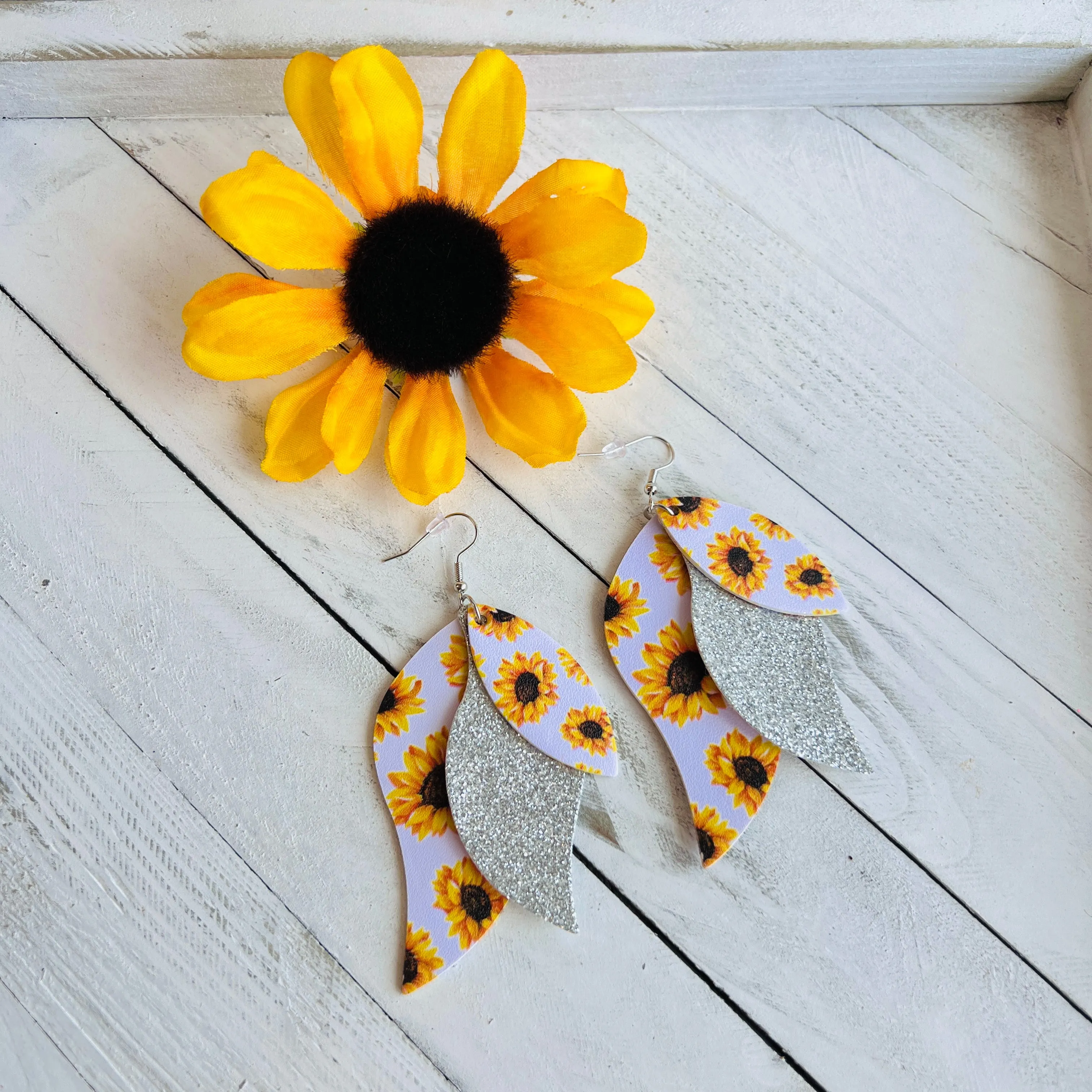 Sunflower White Background Faux Leather Teardrop Ear Bling Two Styles Available