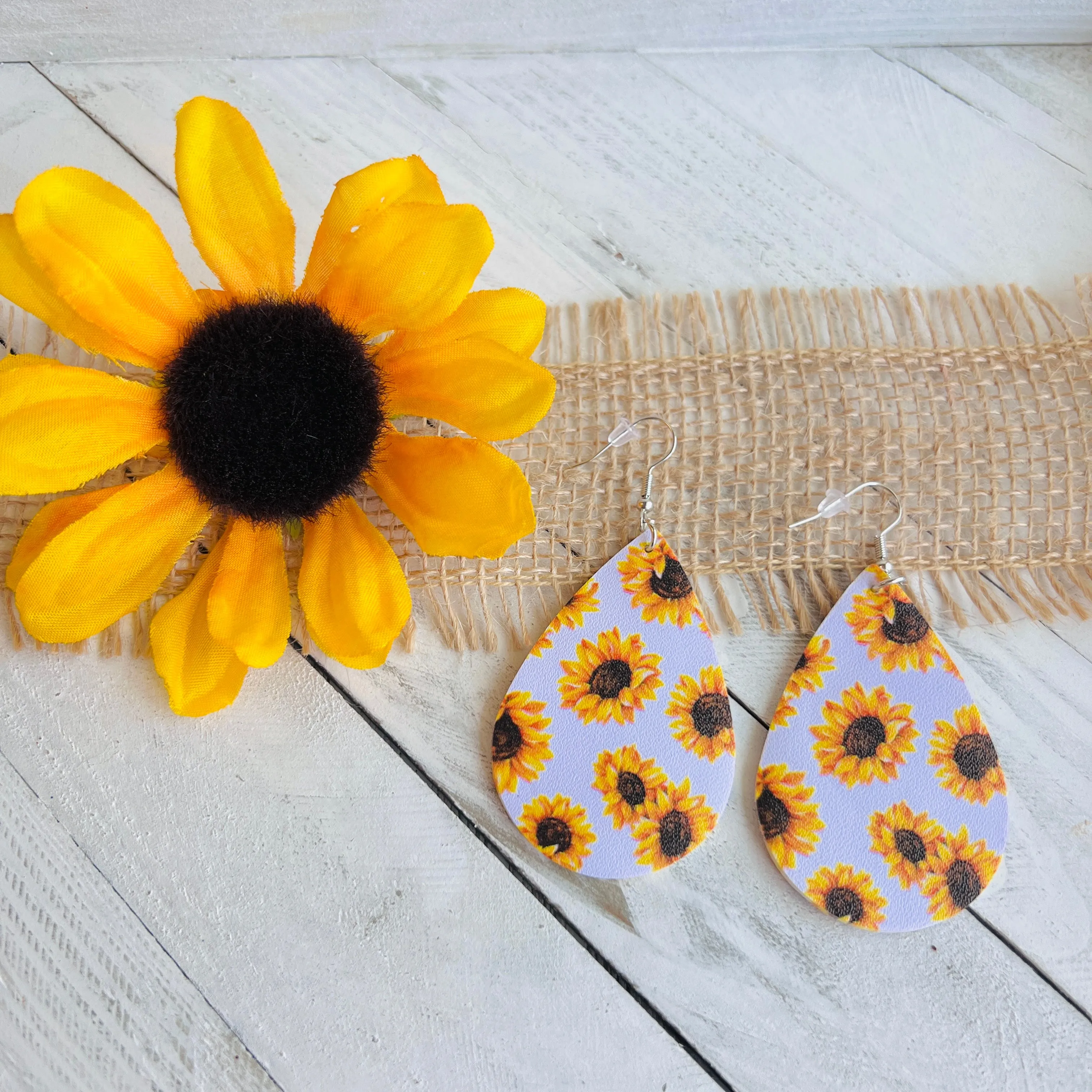 Sunflower White Background Faux Leather Teardrop Ear Bling Two Styles Available