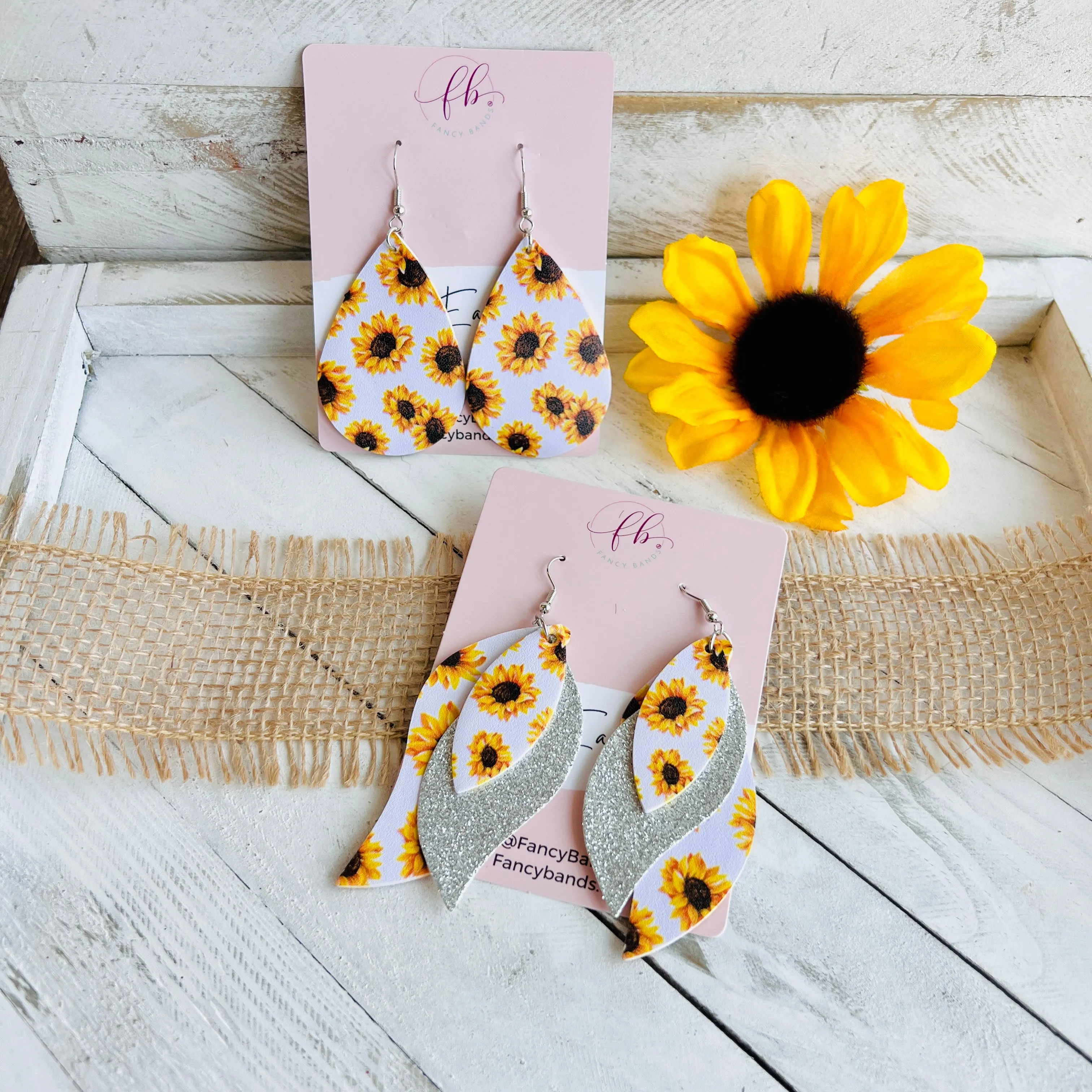 Sunflower White Background Faux Leather Teardrop Ear Bling Two Styles Available