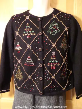 Tacky Bead Bling Cheap Ugly Christmas Sweater with Grids of Christmas Trees (f641)