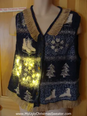 Tacky Ugly Christmas Sweater Vest Winter Wonderland Trees and Ice Skates with Lights and Fringe (g78)