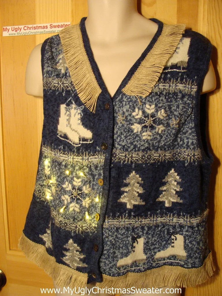 Tacky Ugly Christmas Sweater Vest Winter Wonderland Trees and Ice Skates with Lights and Fringe (g78)