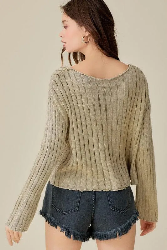 V-Neck Washed Crop Sweater