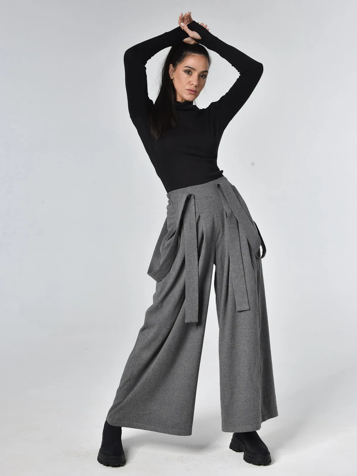 Wide-Leg Wool Pants With Suspenders