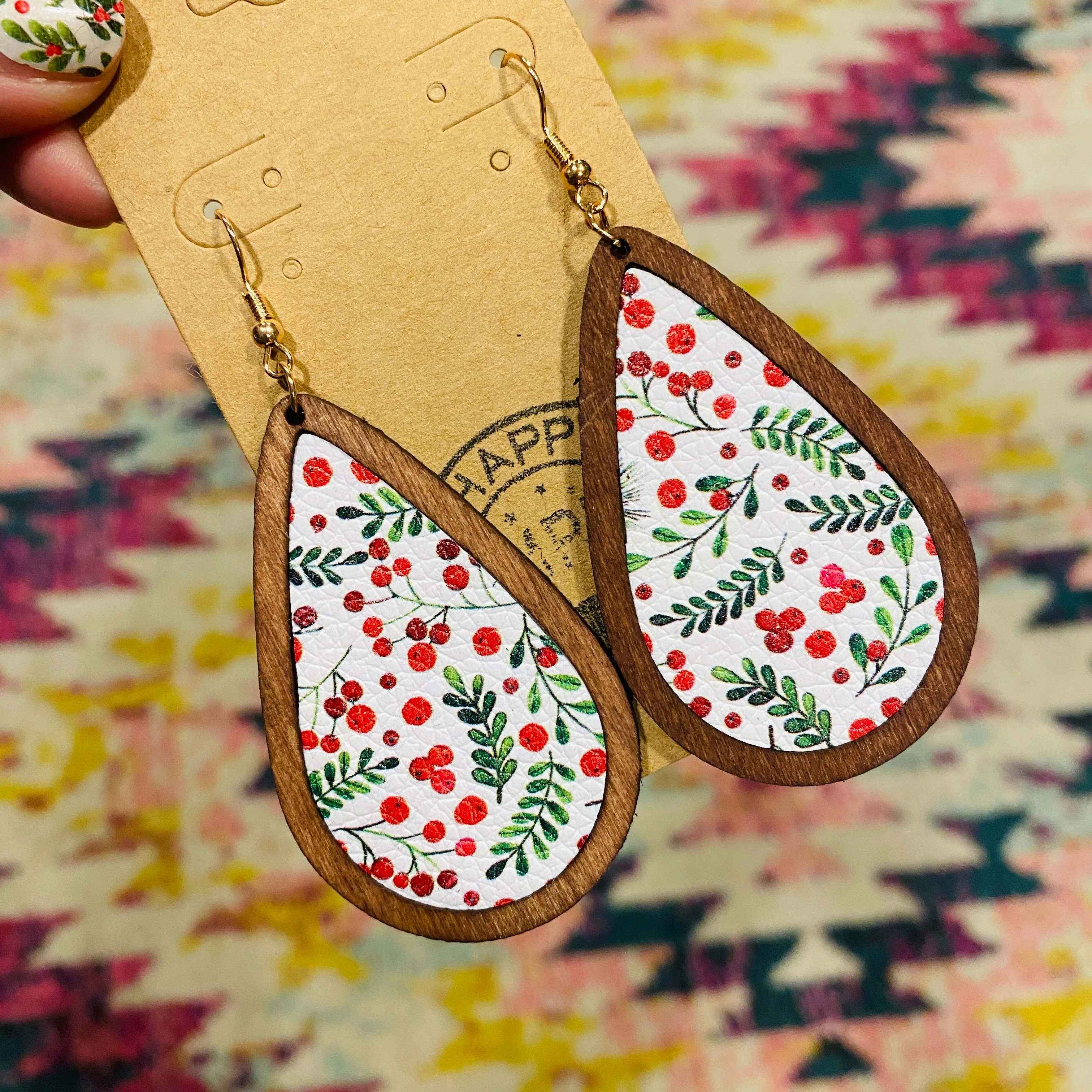 Winter Berry large Wood Teardrop Earrings