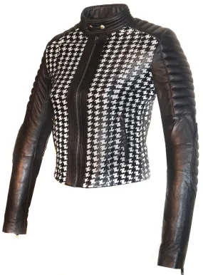 Women Leather Tweed Cut Bonded Biker Jacket