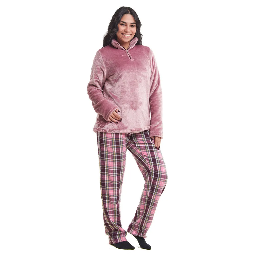 Women Winter Pajama Set Light Mauve Sweatshirt   Dark Purple x Pink Checkered Pants