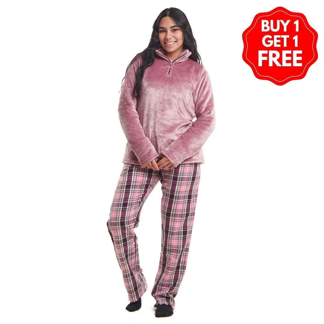 Women Winter Pajama Set Light Mauve Sweatshirt   Dark Purple x Pink Checkered Pants