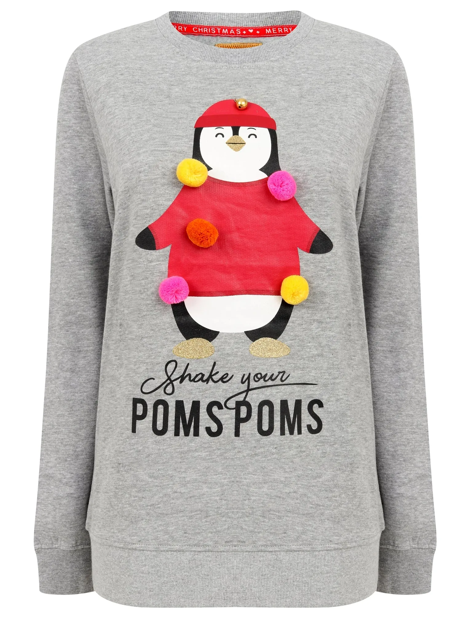 Women's Xmas Pom Pom Penguin Motif Novelty Christmas Sweatshirt In Light Grey Marl