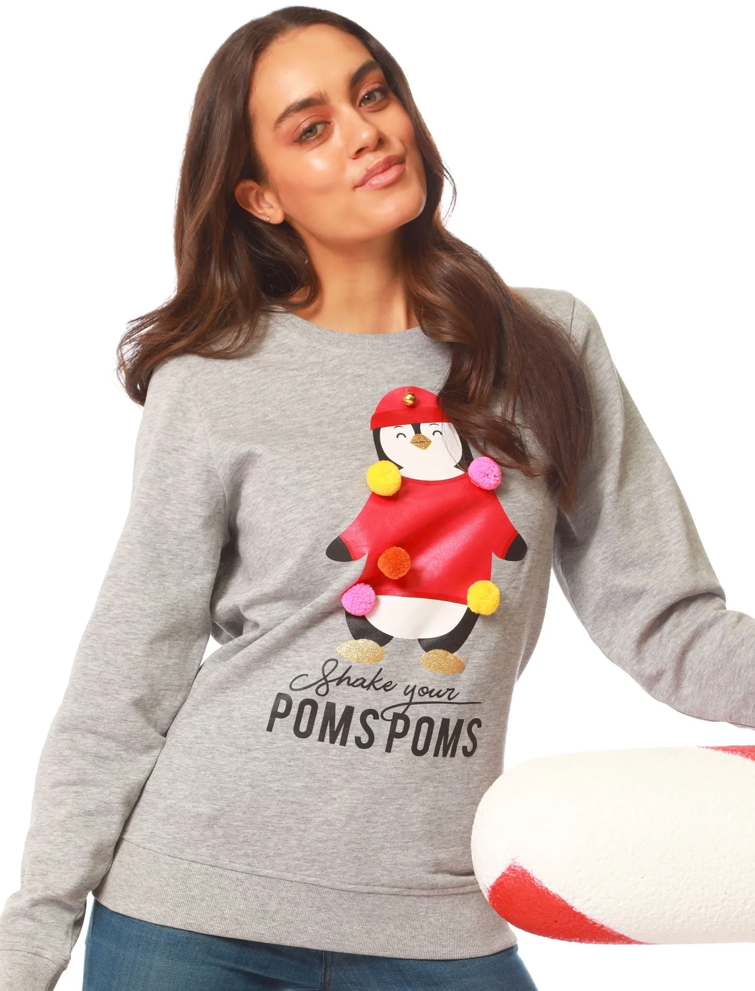 Women's Xmas Pom Pom Penguin Motif Novelty Christmas Sweatshirt In Light Grey Marl